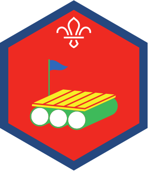 A hexagonal badge with a red background showing a raft and the Scouts logo