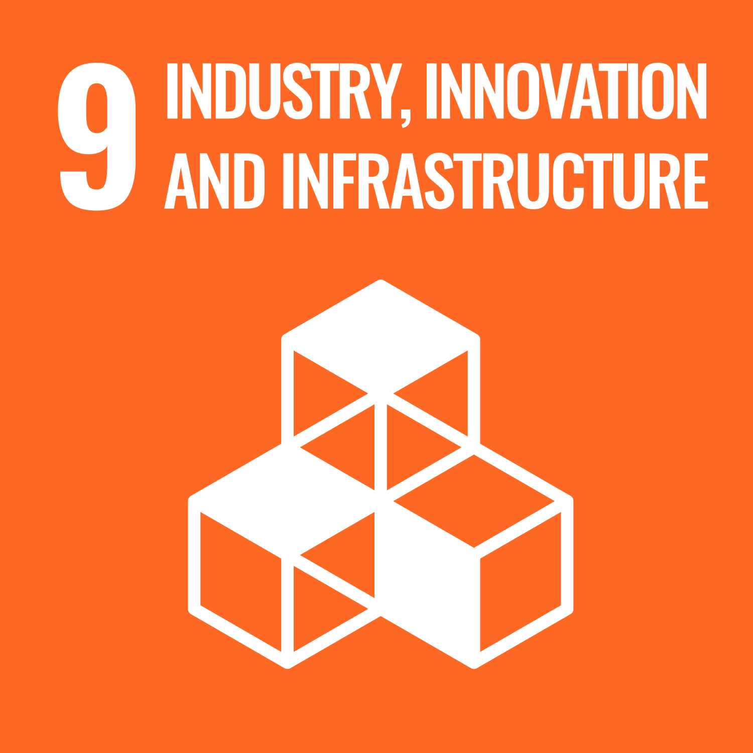 Logo with the number 9 and the words industry, innovation and infrastructure, with an image of 3 connected cubes underneath.