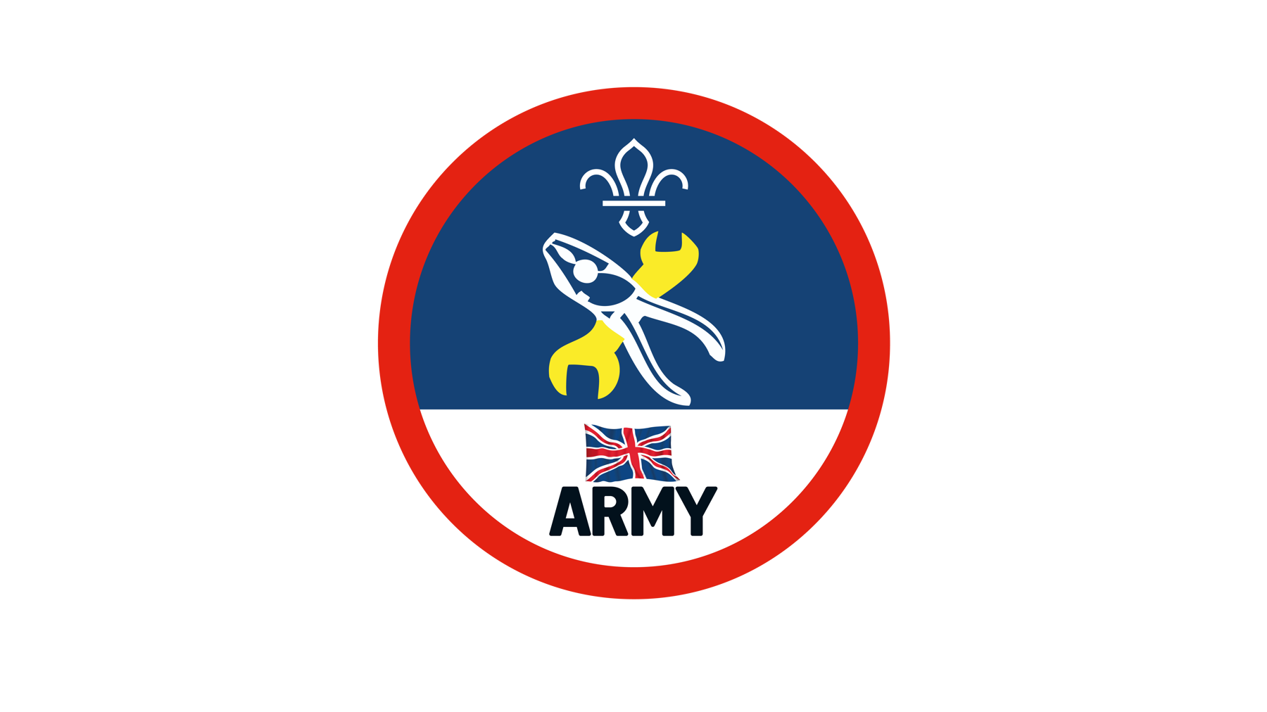 A blue badge with a wrench and the Army logo