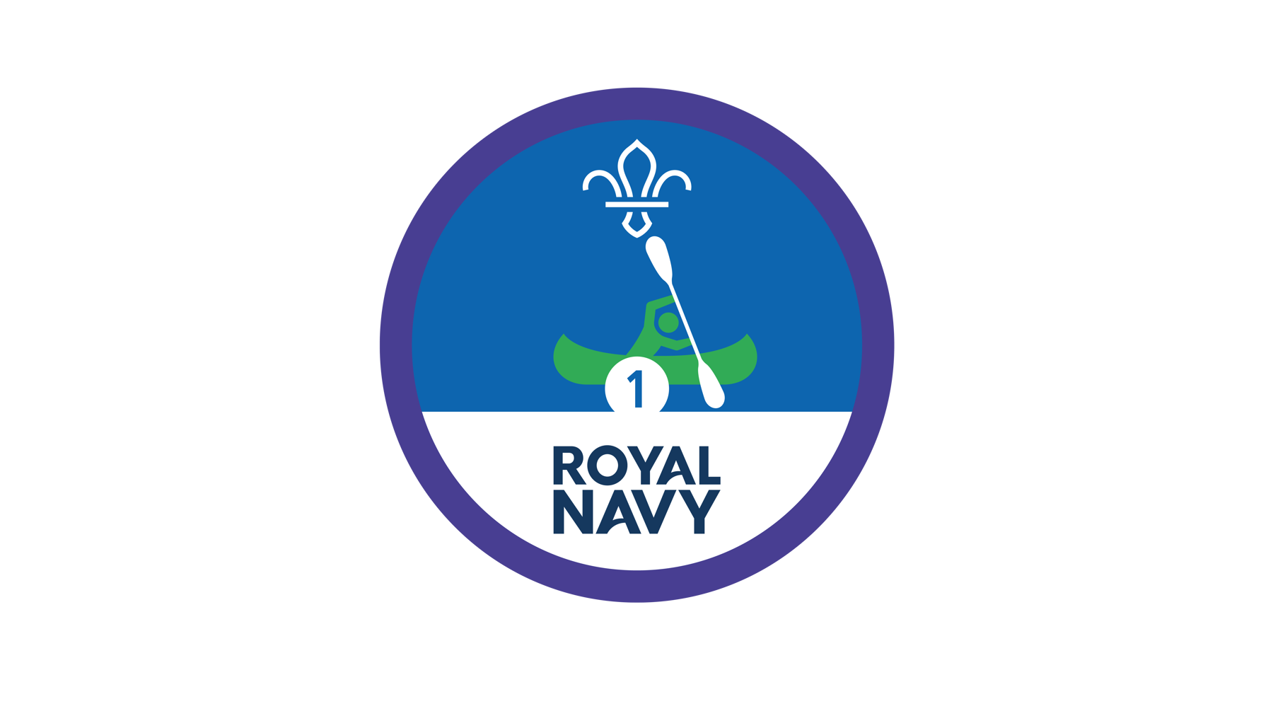 A blue badge with a canooer and the Royal Navy logo