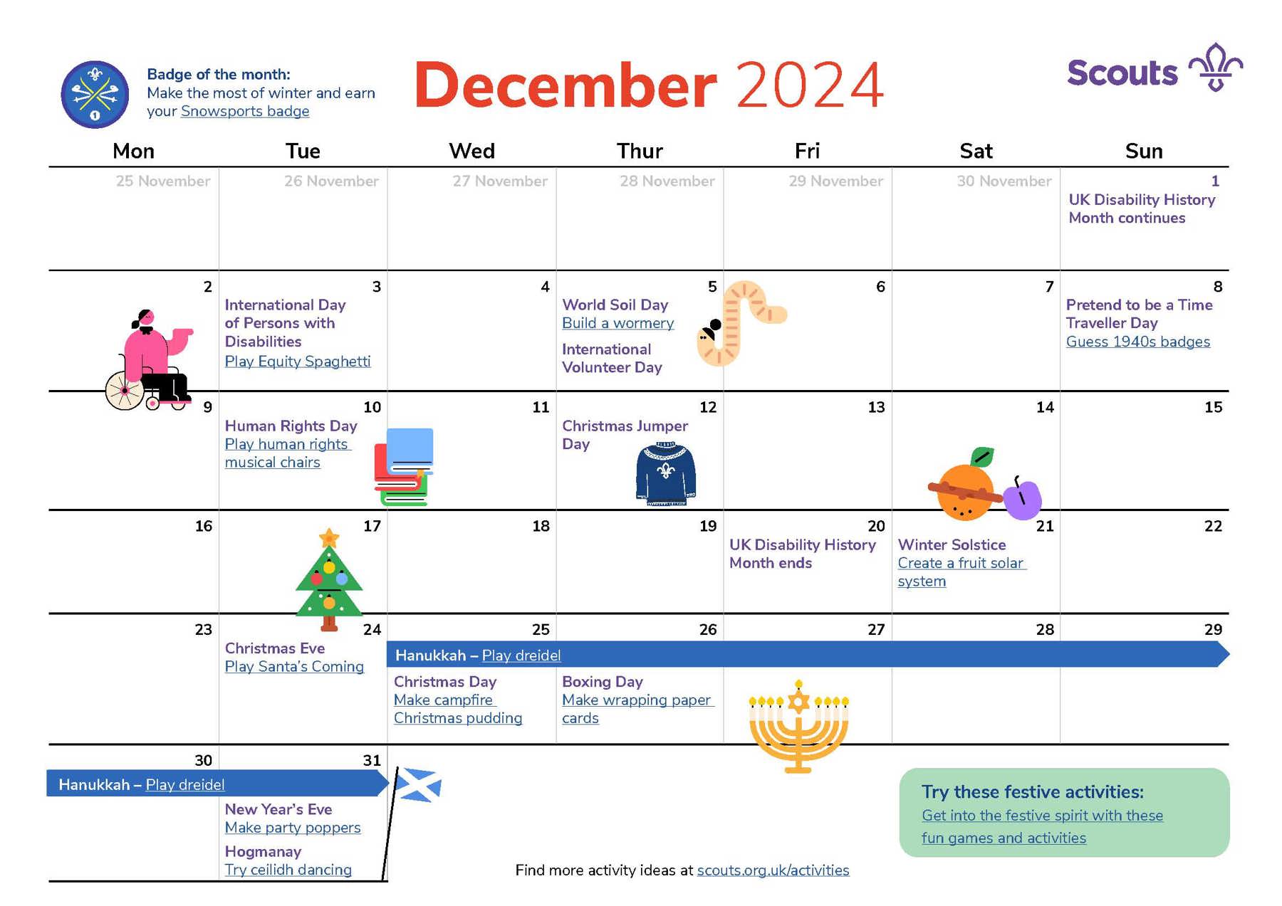 Illustrated calendar for December 2024 in grid format