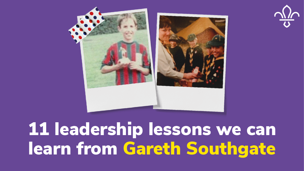 The image is a graphic with a purple background. The text '11 leadership lessons we can learn from Gareth Southgate' appears beneath two polaroid photos of Gareth Southgate when he was a Cub Scout. There's two purple fleur de lis beneath the polaroids.