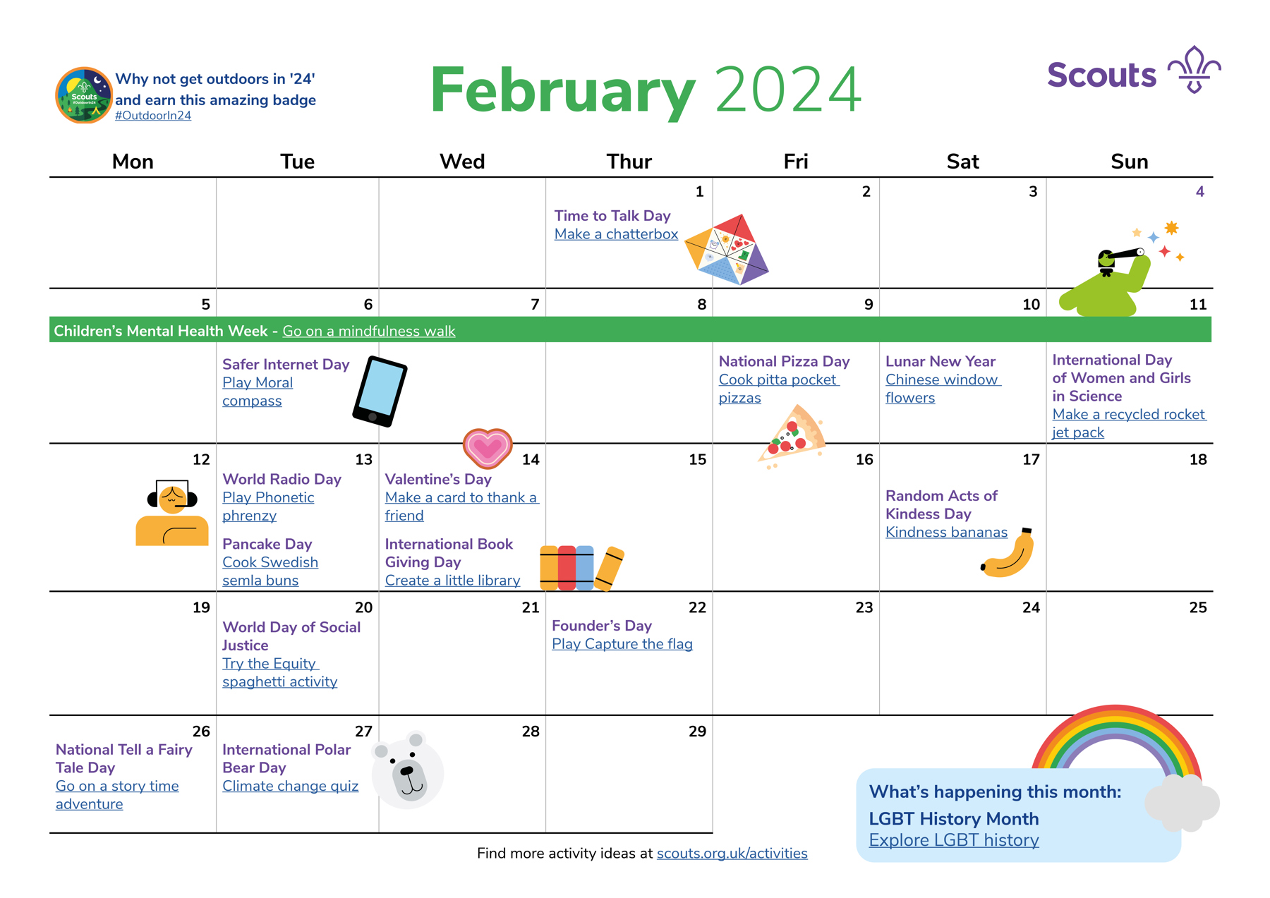 Illustrated calendar for February 2024 in grid format
