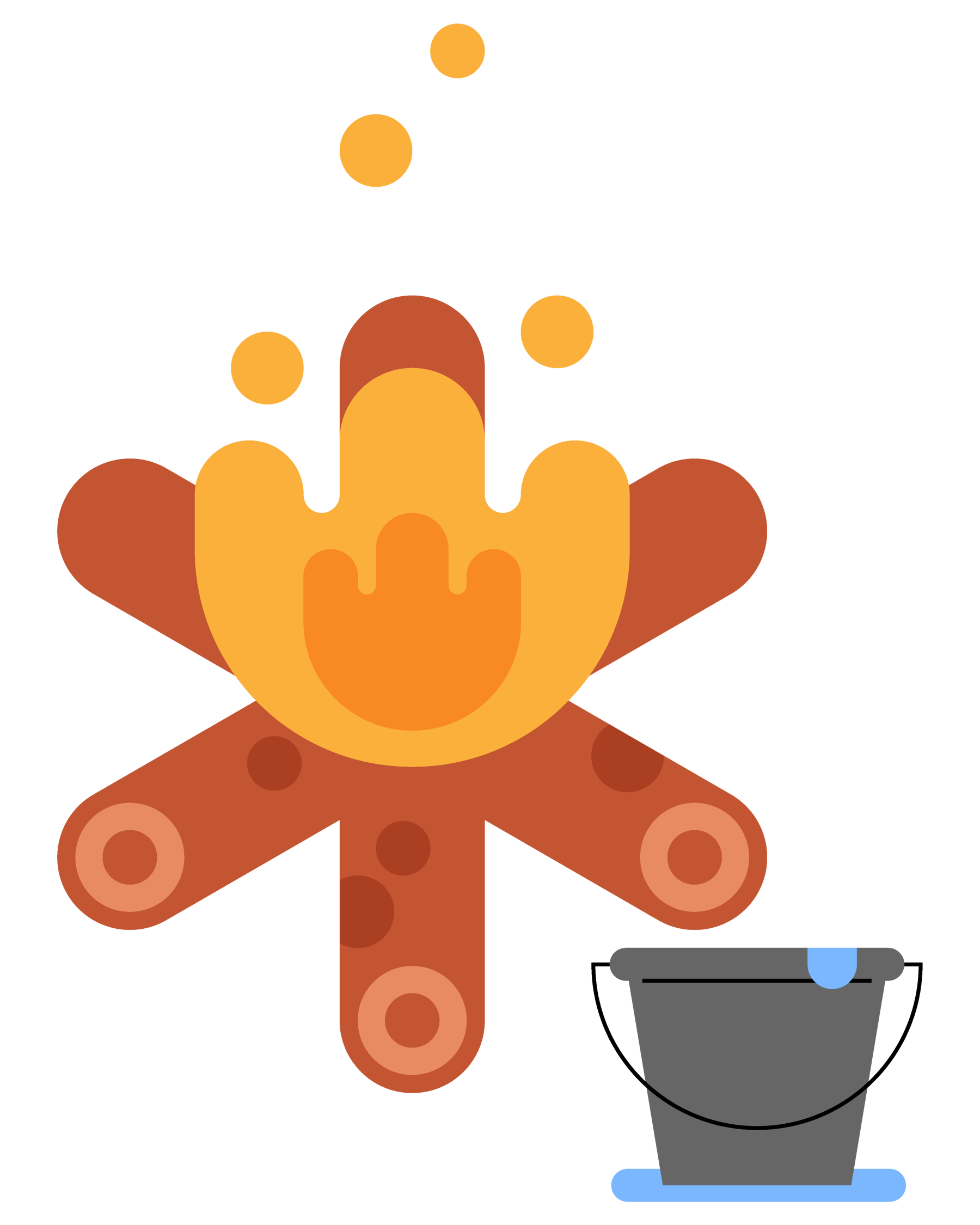 An illustration of a star fire, with a bucket of water placed next to it.