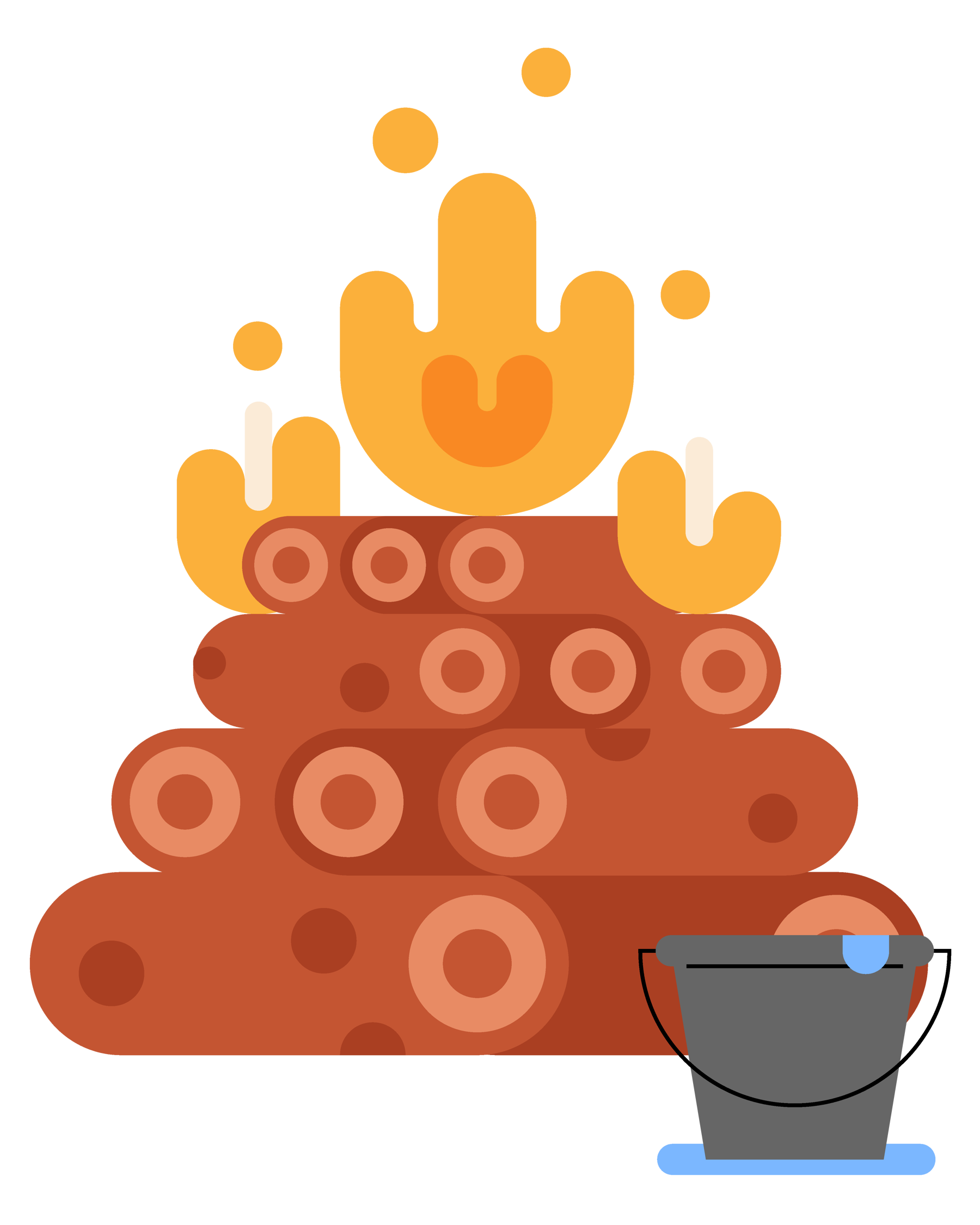 An illustration of a ground fire with tower, with a bucket of water placed next to it.