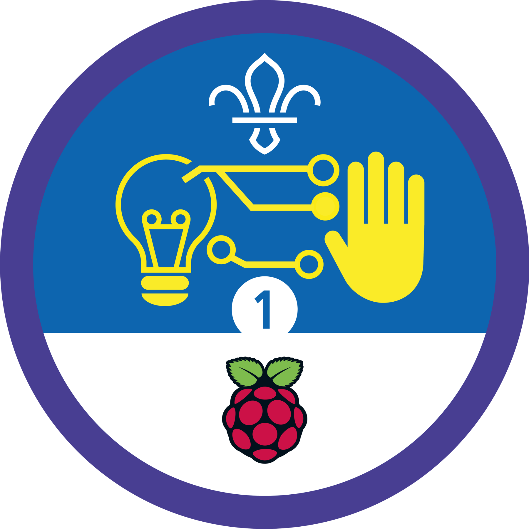 A round Scouts badge with a lightbulb and hand with wires going between them, and the Raspberry Pi logo at the bottom