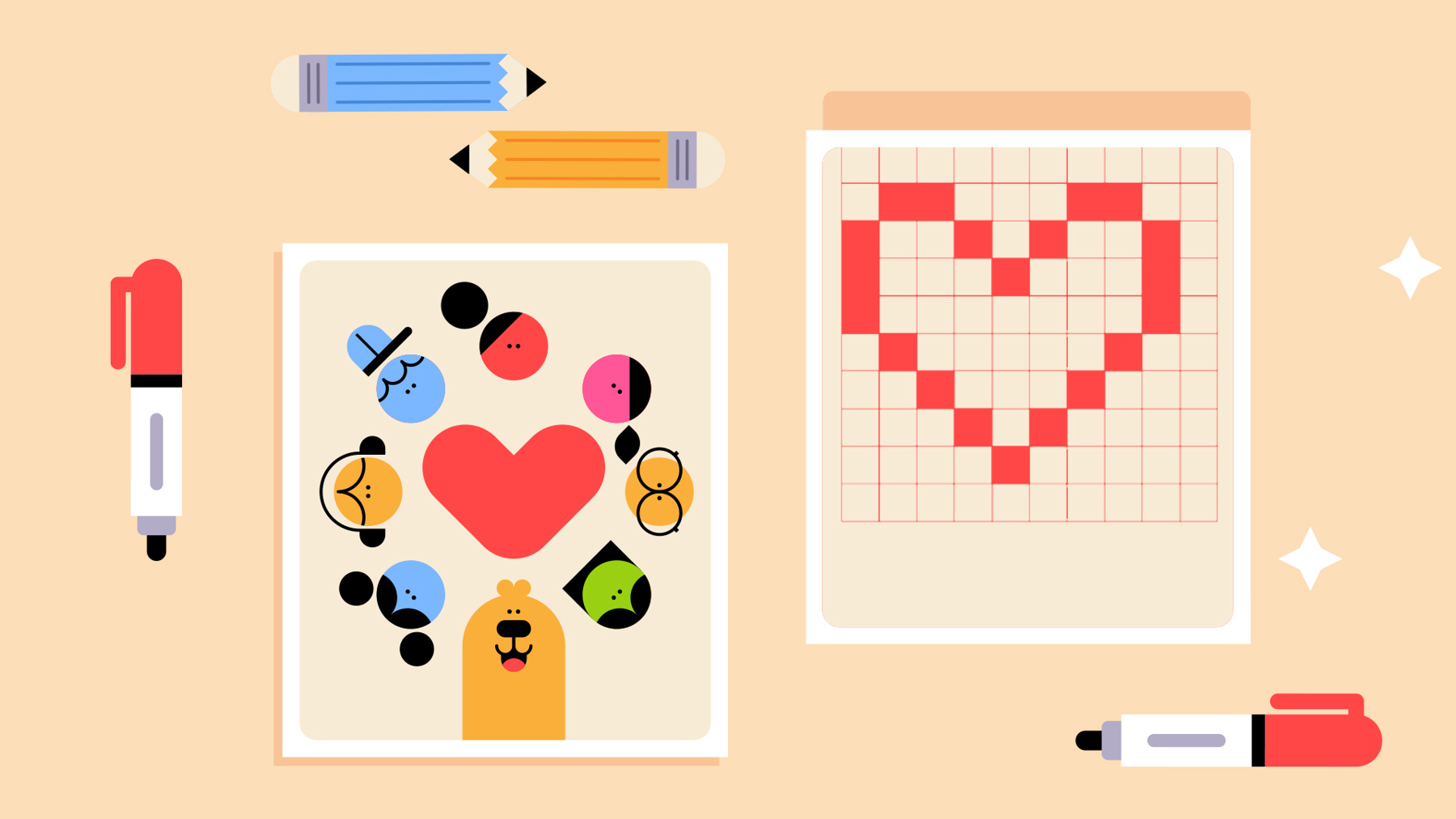 Two pictures; the first is an illustration of a group of Scouts and Buddy the dog surrounding a heart, and the other is a heart created from red-filled squares on a grid.