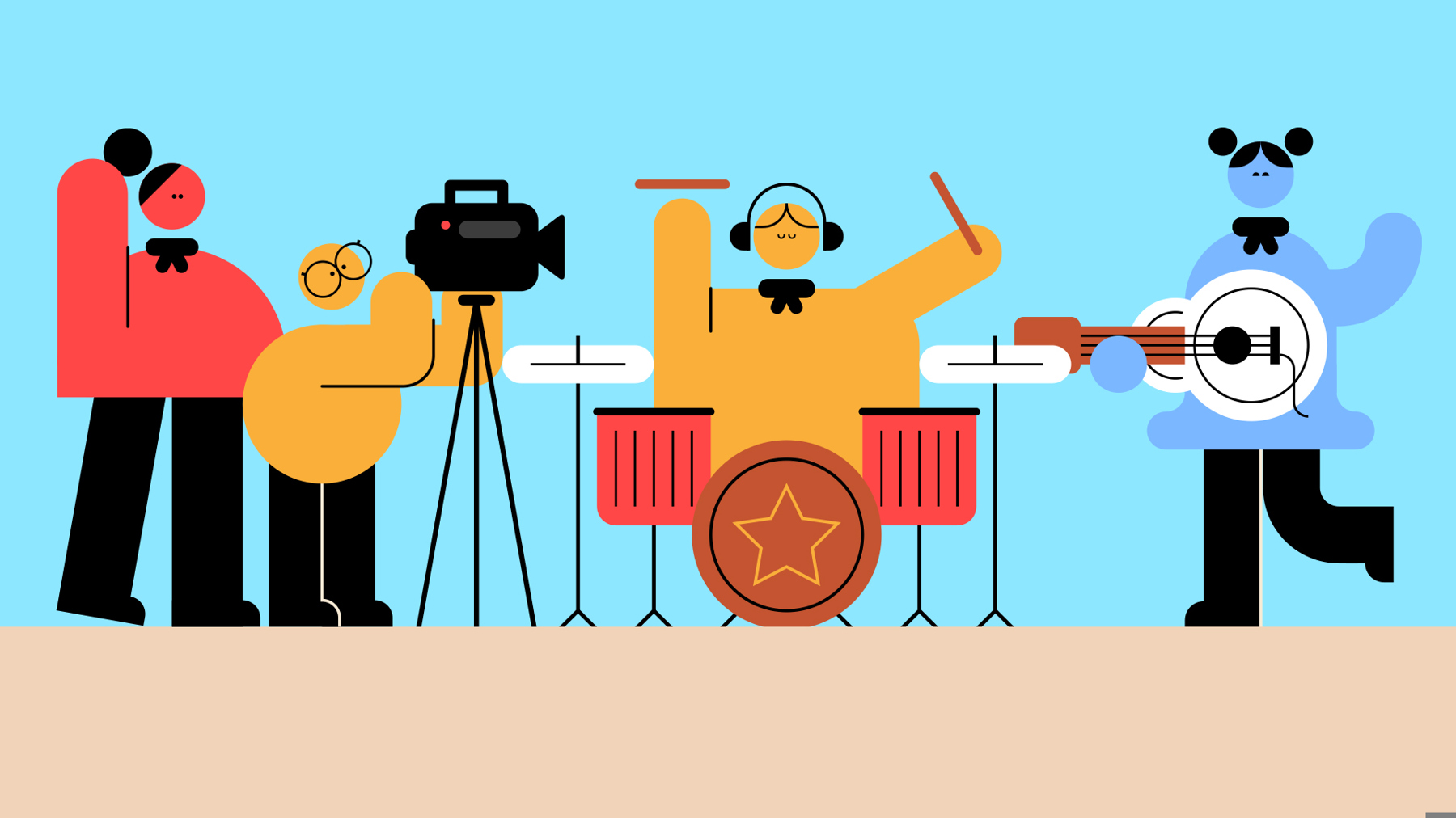 Two Scouts film another pair playing guitar and drums.