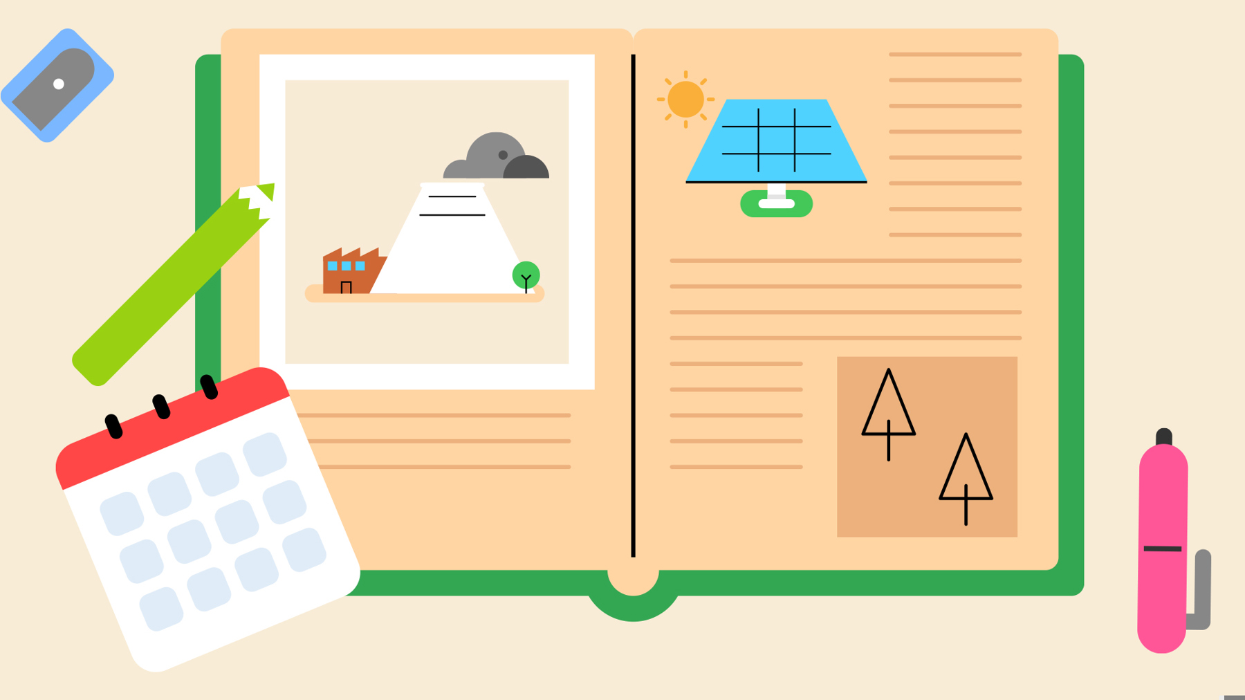 A book is opened on a double page spread featuring images of rain water collectors, solar panels and trees.