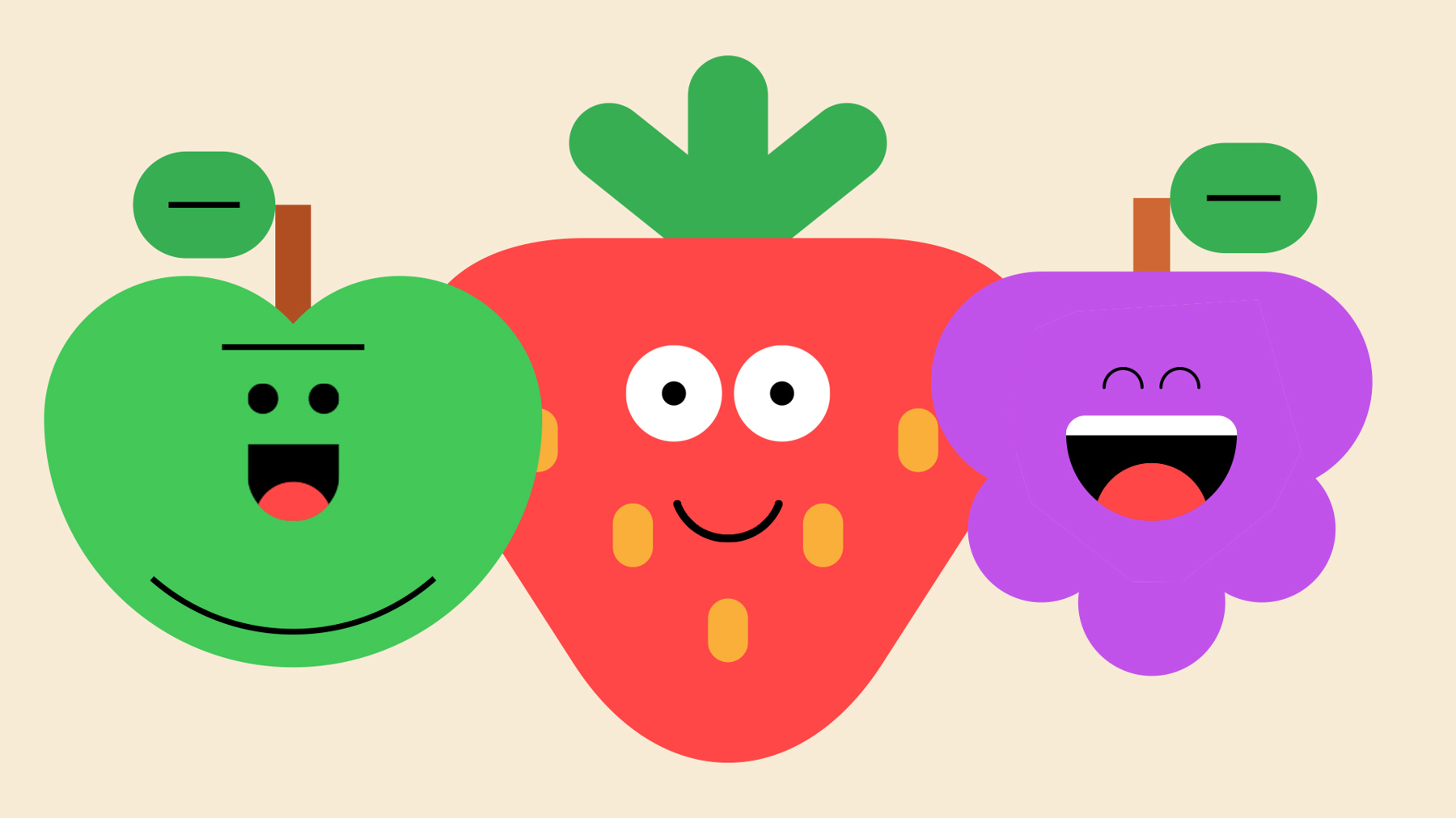 An apple, strawberry and blackberry with large smiles and googly eyes.