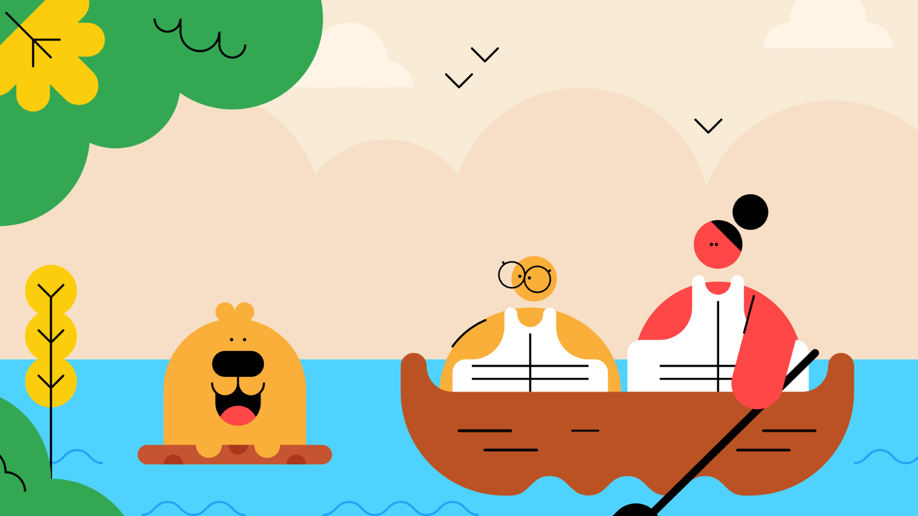 Two Scouts row along in a boat, whilst Buddy the dog floats on a branch beside them.