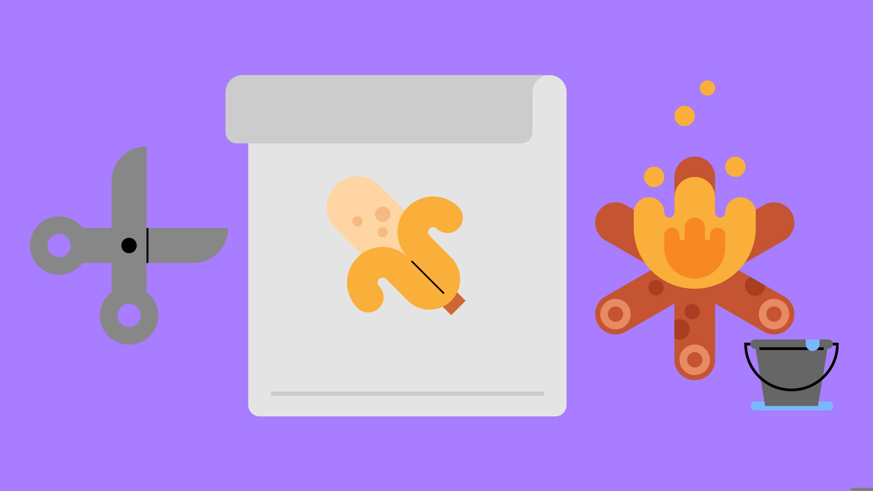 A pair of scissors, a banana on a chopping board and a star fire with water bucket.