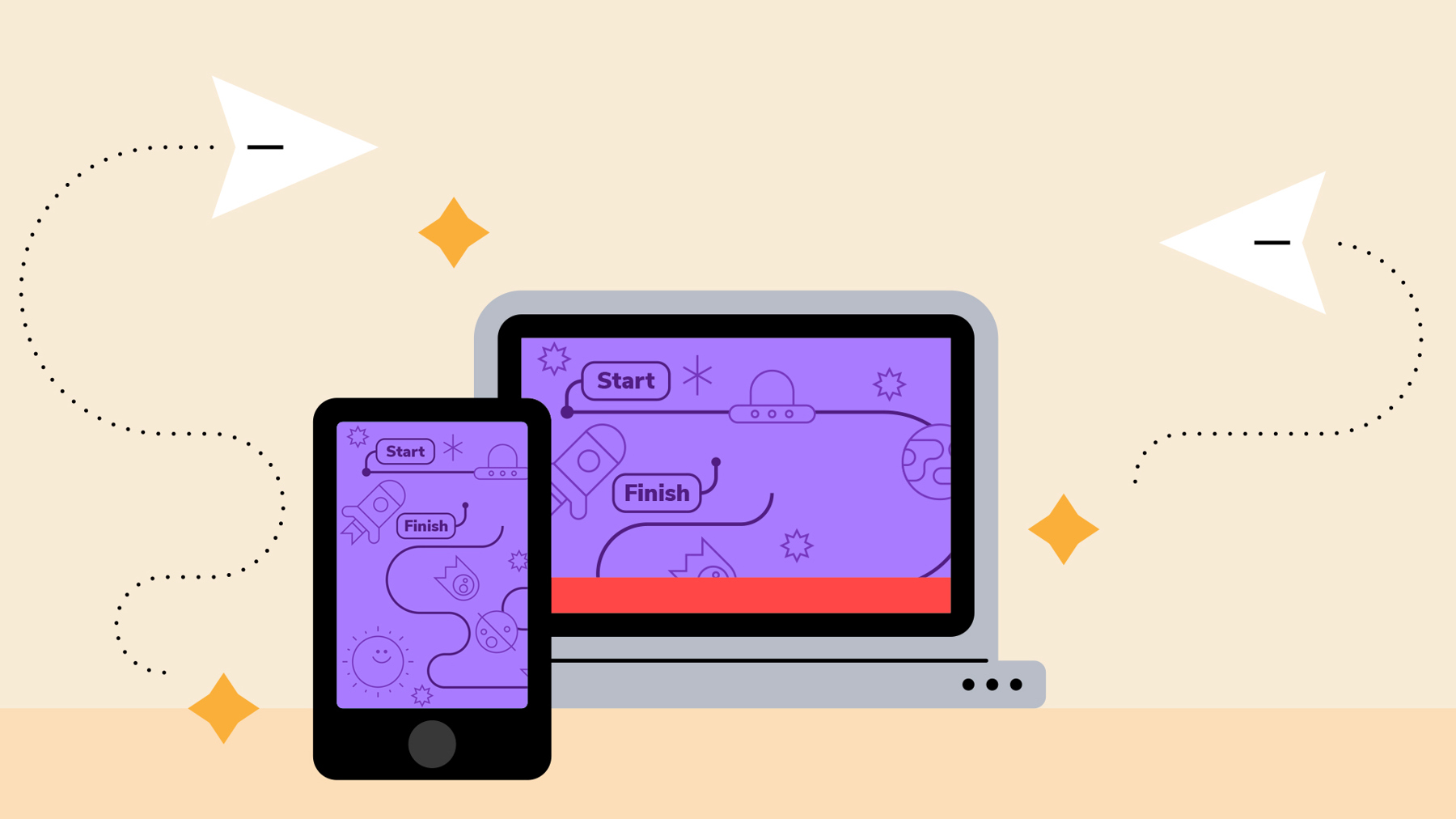 A phone is balanced against a laptop, both have purple maps decorated with spaceships, planets and stars on their screens.