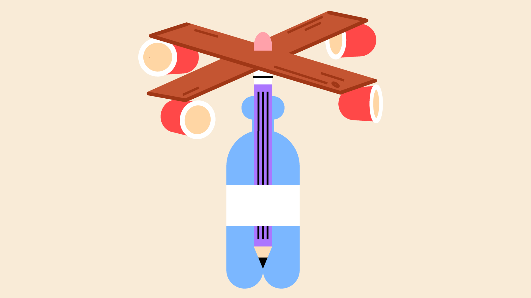 A diagram of a wind turbine made from a plastic bottle, pencil, wood and some cups.