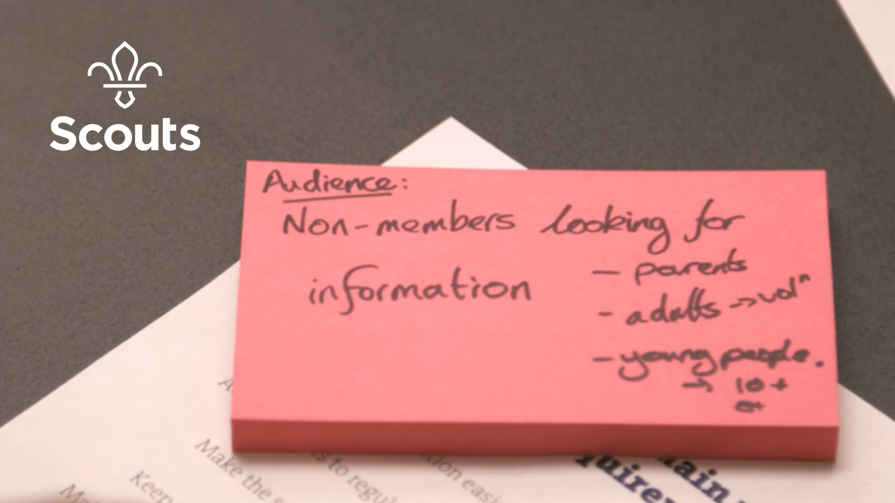 Image of a post it note with audience: non-members looking for information. Parents, adults, young people. Written on it.