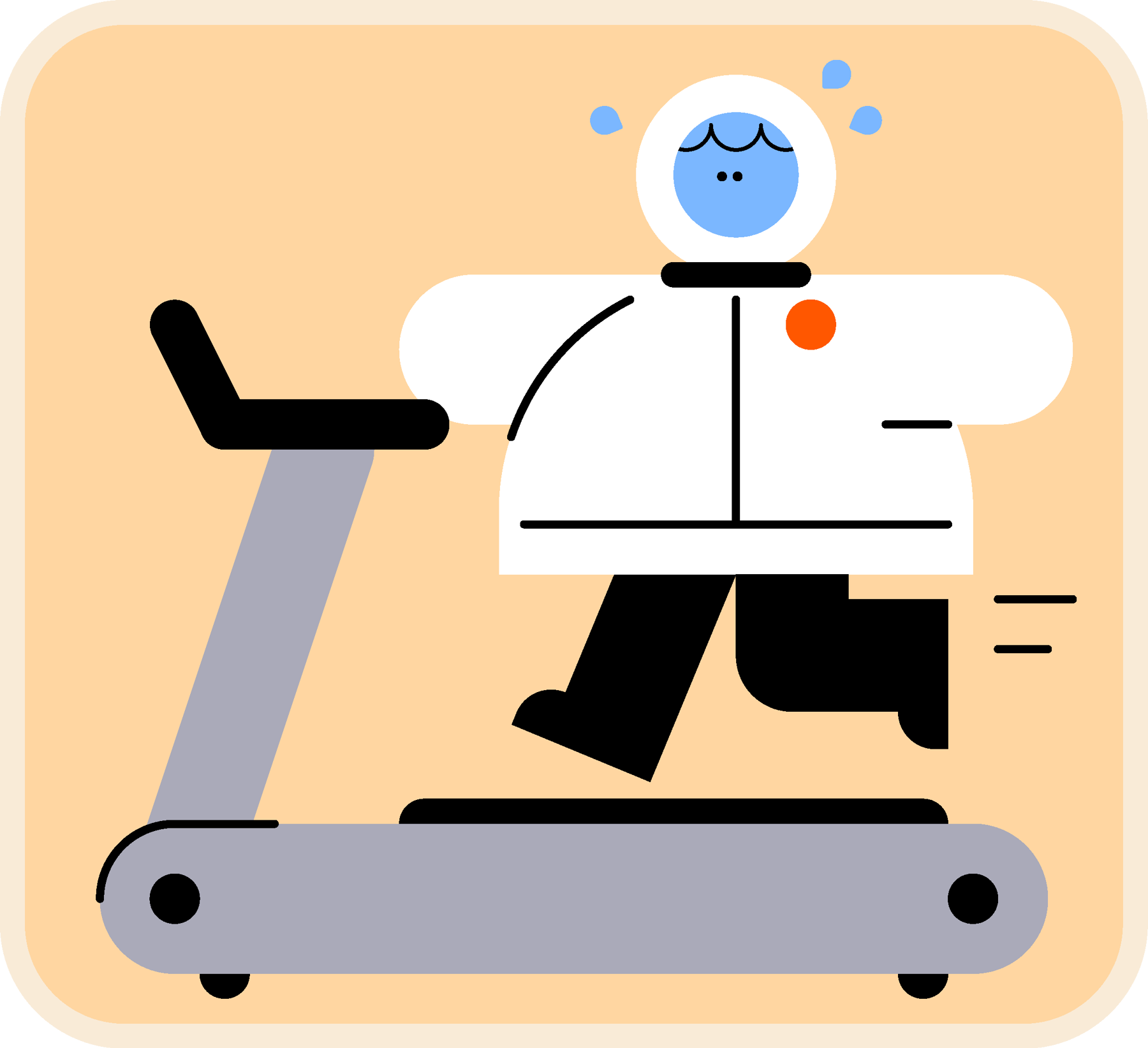 A Scout dressed as an astronaut sweats whilst running on a treadmill.