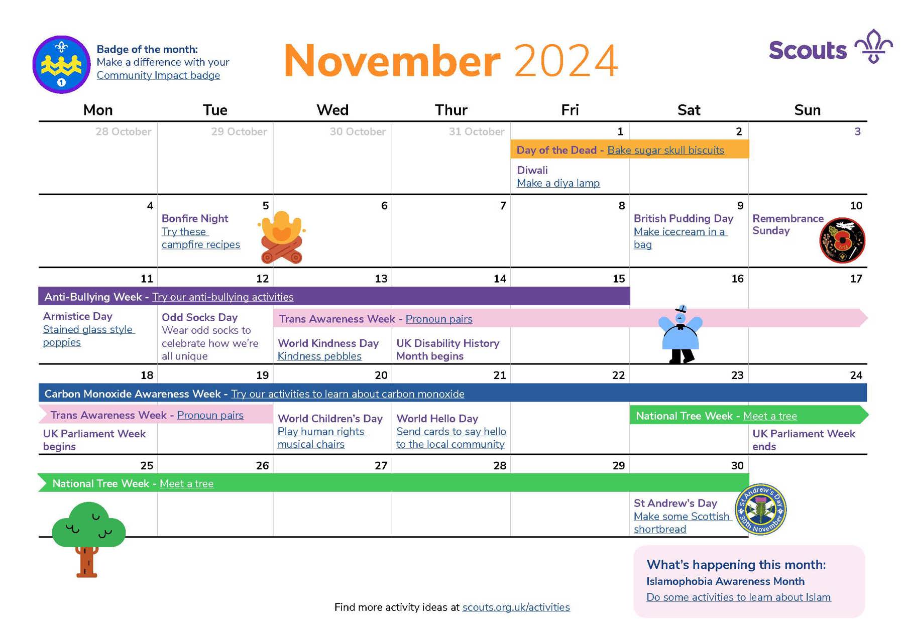 Illustrated calendar for November 2023 in grid format