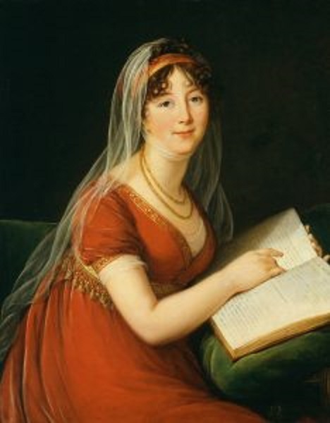 Image shows a painting of Margaret Chinnery wearing a veil and red dress, and reading a book