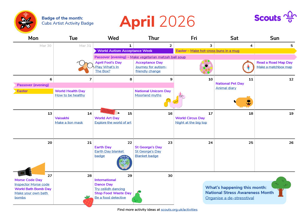 Illustrated calendar for April 2026 in grid format