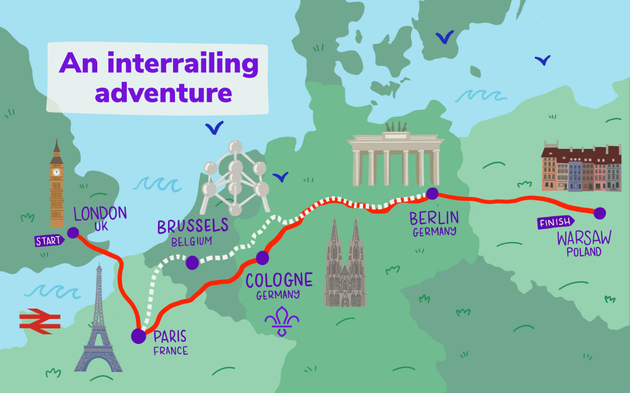 Map showing a route from London to Warsaw, via Paris, Cologne and Berlin, with a detour via Brussels.