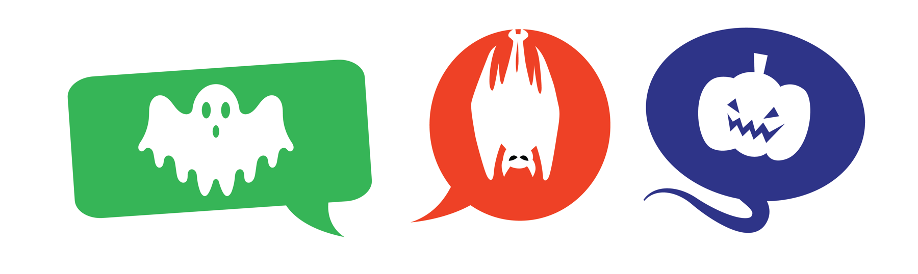 The image shows three graphics. The left one is a green rectangle speech bubble with a white ghost in the middle, the middle speech bubble is circle with a white bat hanging upside down in the middle, and the speech bubble on the right is a navy circle speech bubble with a carved white pumpkin in the middle.