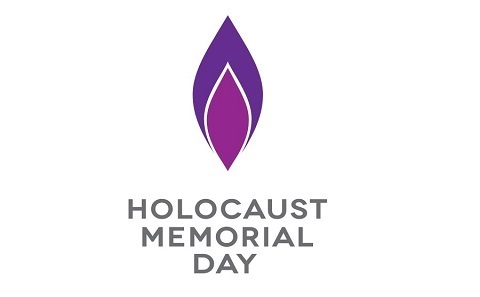 The image shows the Holocaust Memorial Day logo. There's a dark purple flame-like shape with a lighter purple one on top of it, which sits above the text 'Holocaust Memorial Day' in all capitals.