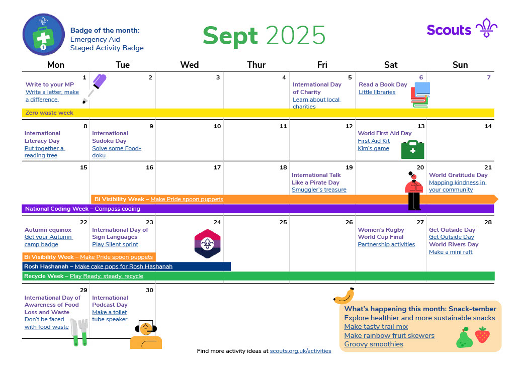 Illustrated calendar for September 2025 in grid format
