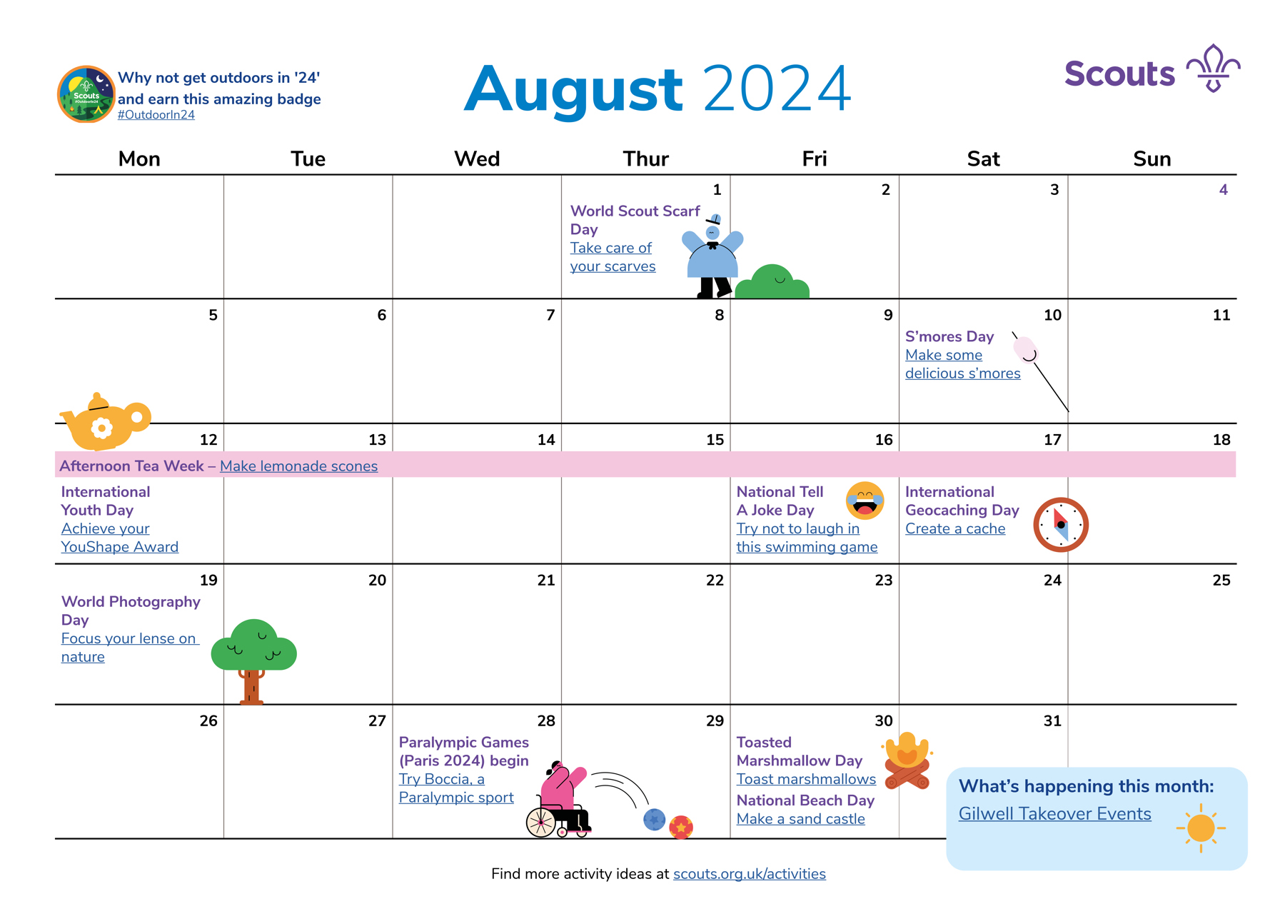 Illustrated calendar for August 2024 in grid format