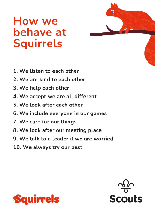 The image shows a poster with the red heading 'How we behave at Squirrels.' To the right is a designed image of a red Squirrel on a brown branch. The code of conduct is listed below the heading in black. In the bottom left corner is the red Squirrels logo, and the bottom right corner is the Scouts logo in black.