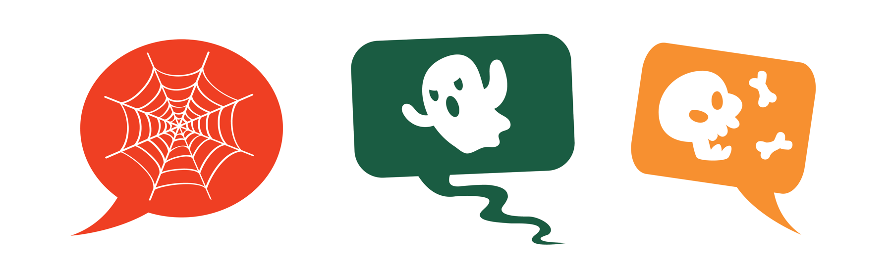 The image shows three graphics. The left one is a red speech bubble with a white spider's web in the middle, the middle one is a green rectangular shaped speech bubble with a white ghost inside. Then the right speech bubble is square and orange, with a white skull and bones in the middle.