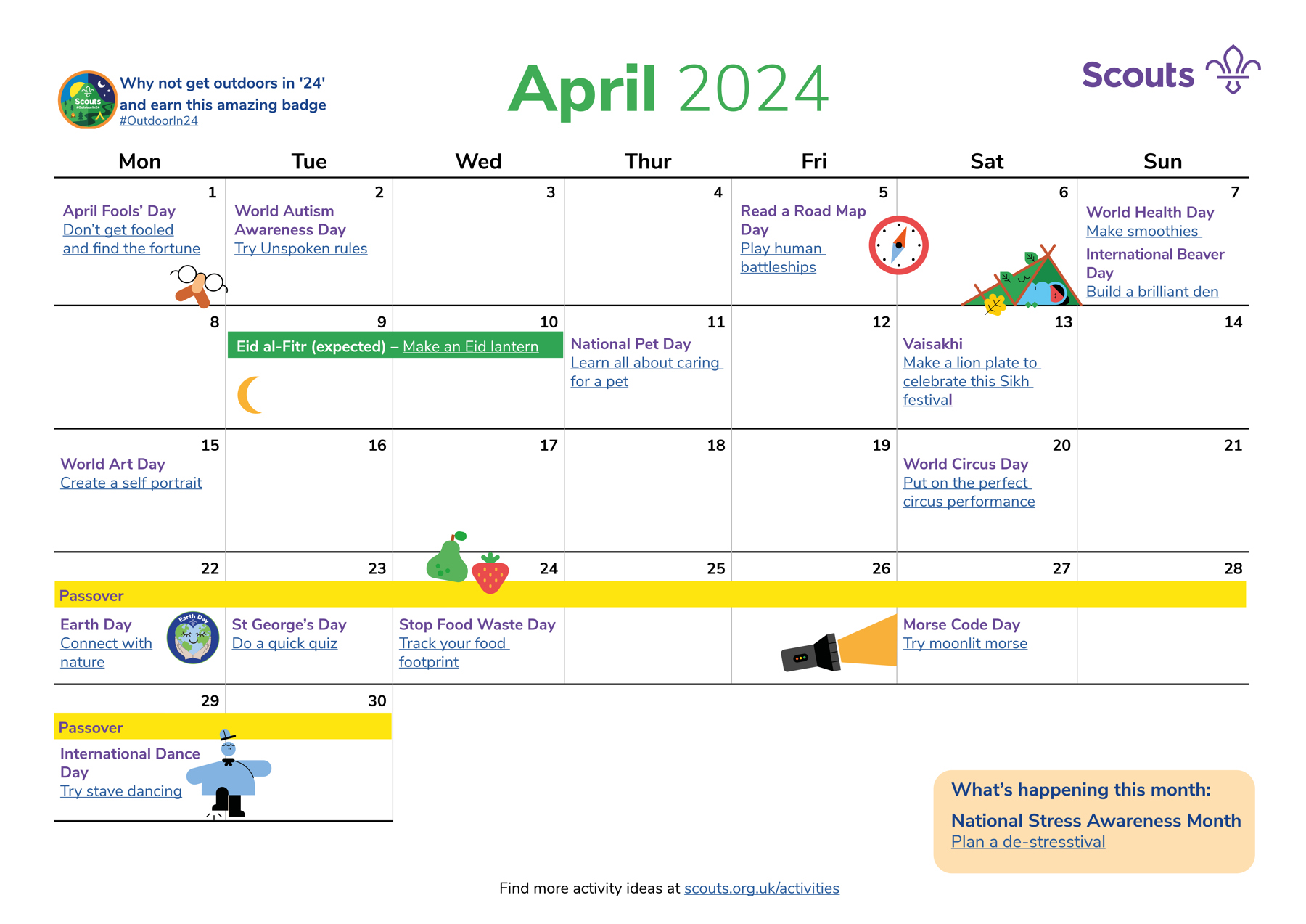 Illustrated calendar for April 2024 in grid format