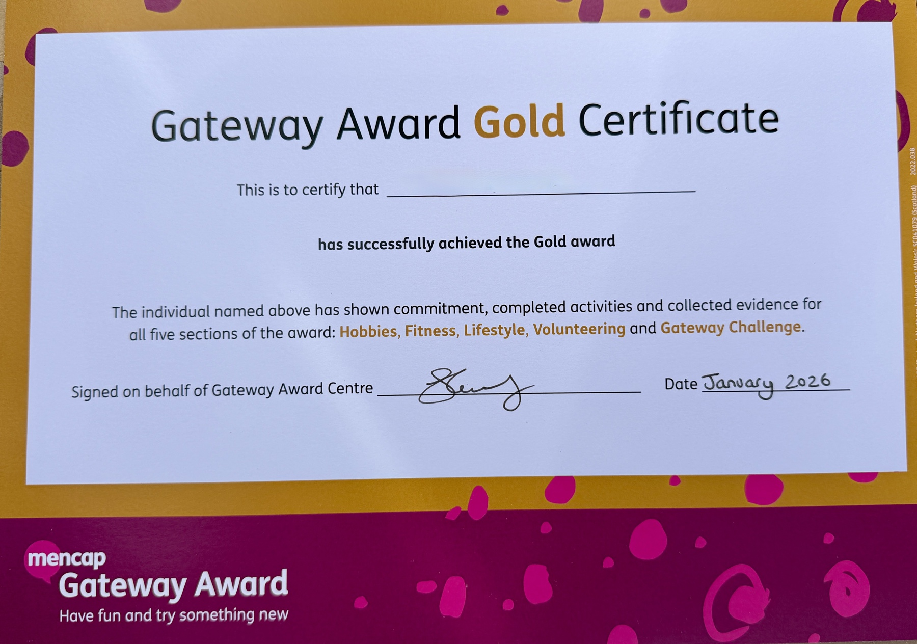 Image of a gold Gateway Award certificate with the name redacted
