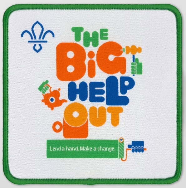 The image shows The Big Help Out badge. It has a green border with a blue fleur-de-lis in the top left corner and The Big Help Out logo in the middle on a white background. As part of the logo, there's white text on a green border saying 'Lend a hand. Make a change.'