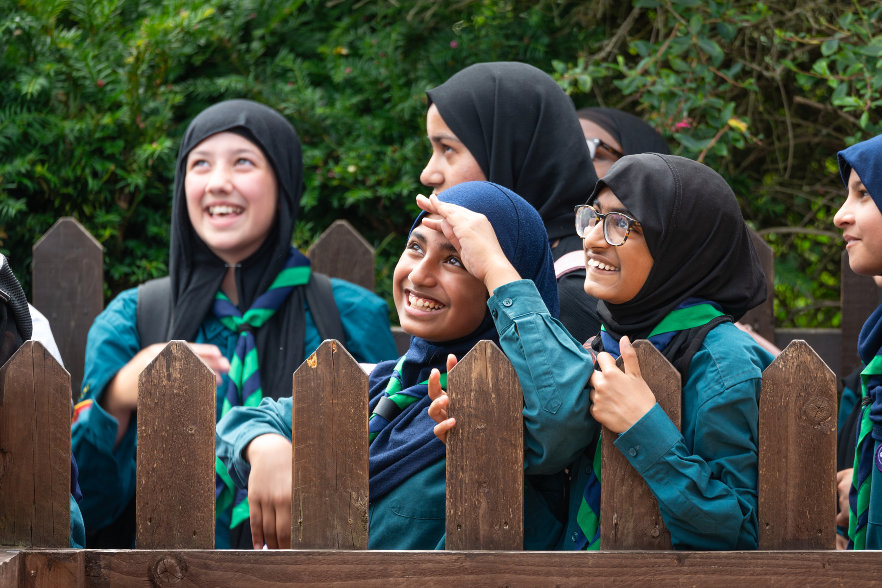 Scouts in uniform (blue shirts and green and navy neckers) are stood behind a brown fence. There are 6 Scouts in the image, and they're all looking up at the sky and smiling. 