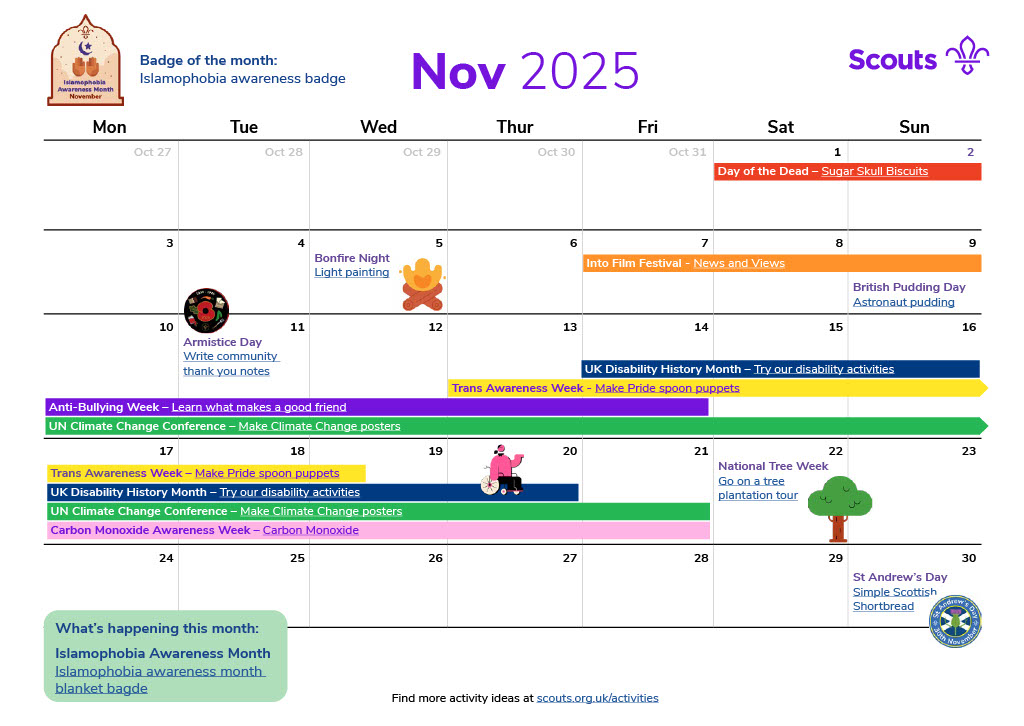 Illustrated calendar for November 2025 in grid format