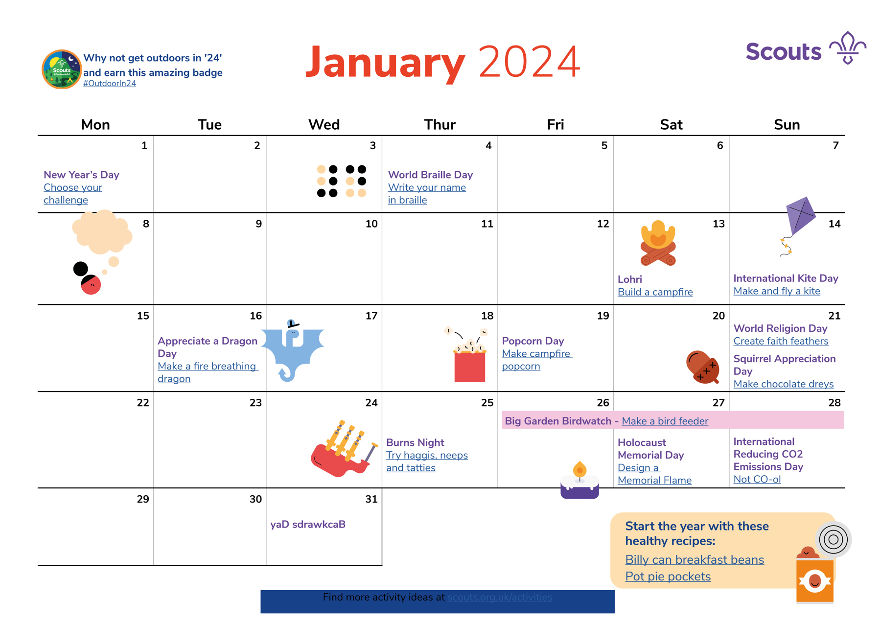 Illustrated calendar for January 2024 in grid format
