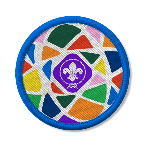 Earth Tribe badge for the Beaver section, which is round with colourful shapes and the World Scout logo in the middle.