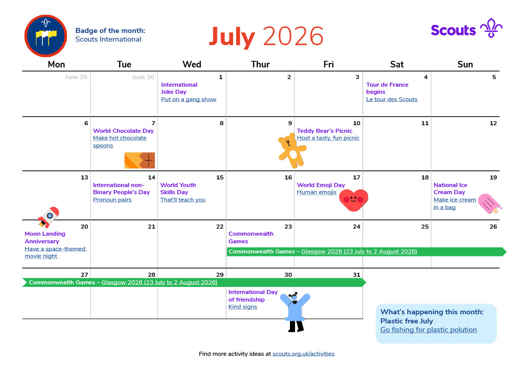 Illustrated calendar for July 2026 in grid format