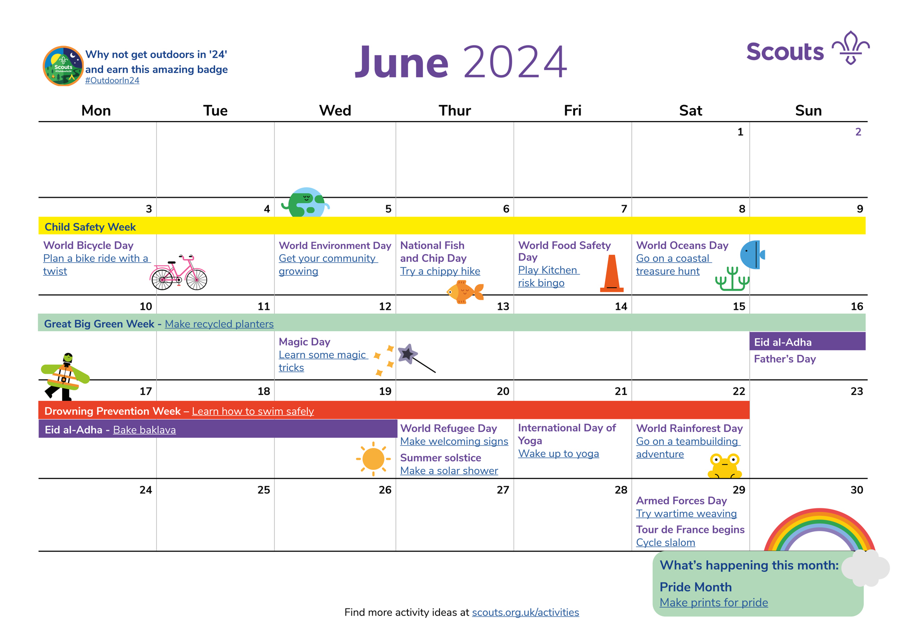 Illustrated calendar for June 2024 in grid format