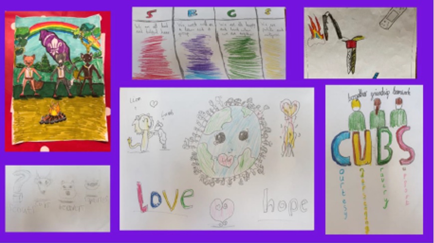 The image shows six different drawings by young Scouts, who are all coming up with ideas for the Wirral Scouts mural. All the drawings have been done by hand using colour pens and pencils.