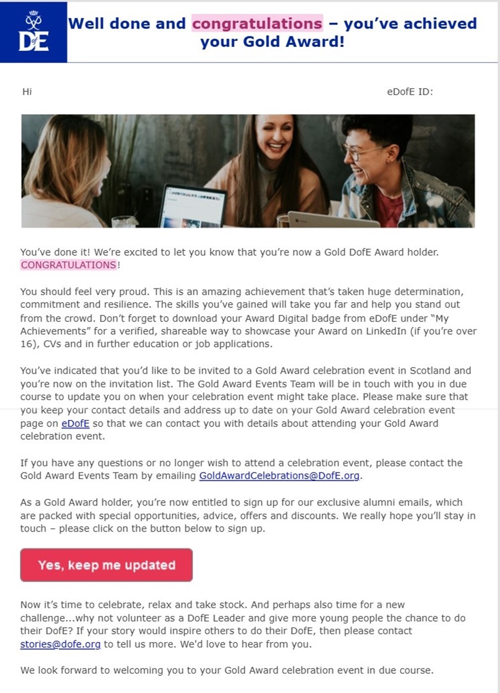 An example of a D of E email that shows the Awrd has been granted 