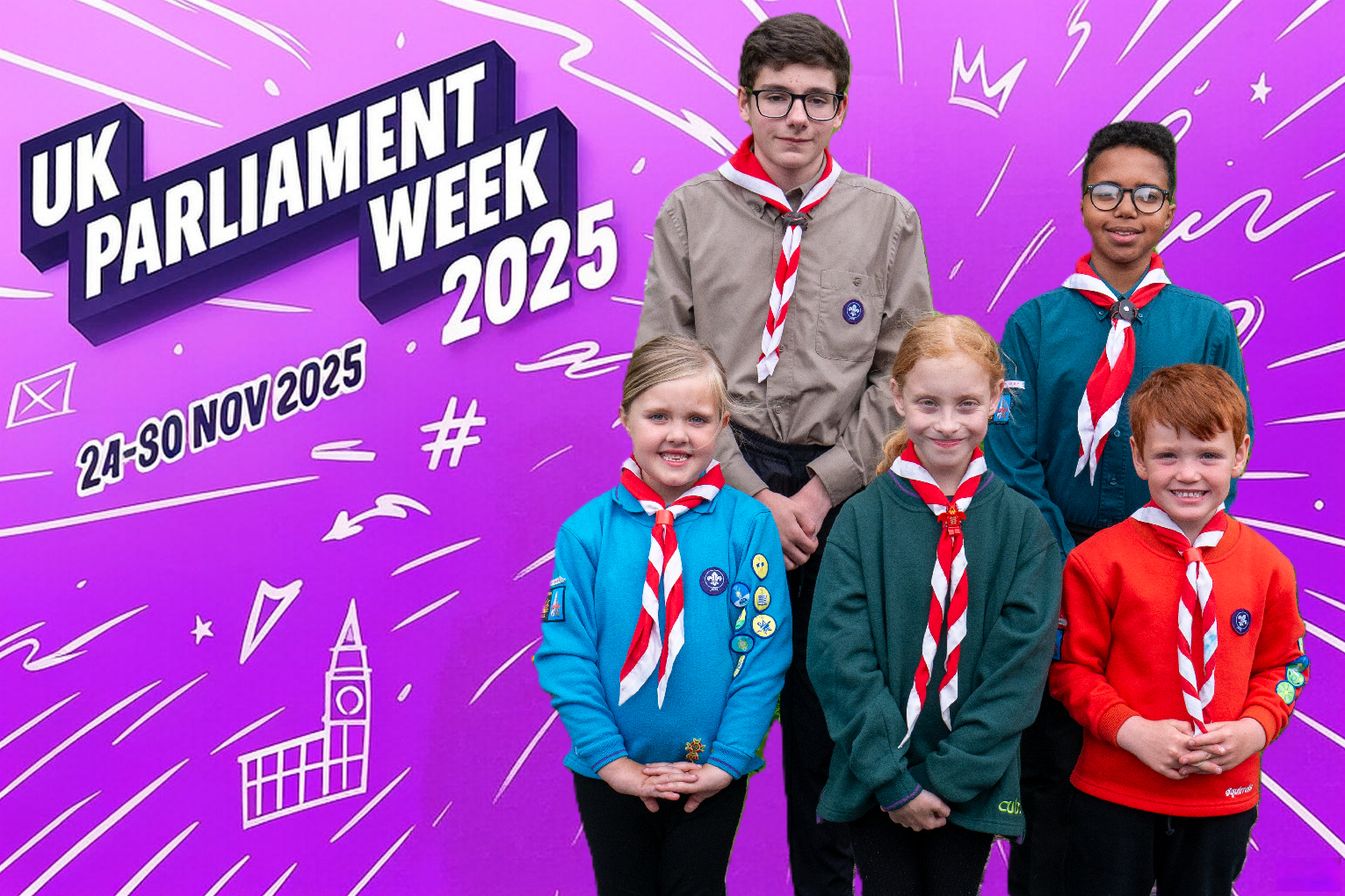 The image shows a purple background with white icons on with the text UK Parliament Week 2025 24-30 Nov 2025 in the top left hand corner. There are five Scouts to the right of the image all in uniform and wearing neckers while smiling at the camera with their arms crossed in front of them