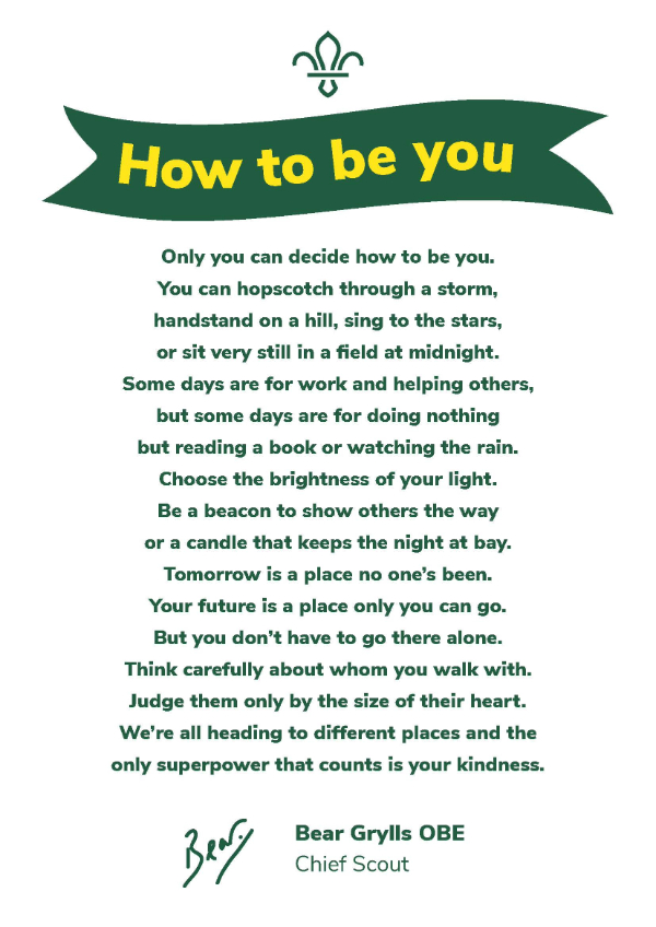 The image shows a green fleur-de-lis with a green banner underneath, with yellow text on it saying 'How to be you.' There's a list on 'How to be you' underneath written by Chief Scout Bear Grylls. Under the list is Bear's signature, and to the left is 'Bear Grylls OBE' with 'Chief Scout' underneath. 