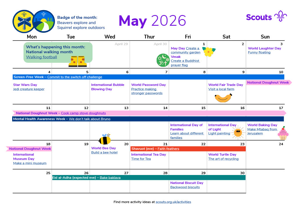 Illustrated calendar for May 2026 in grid format