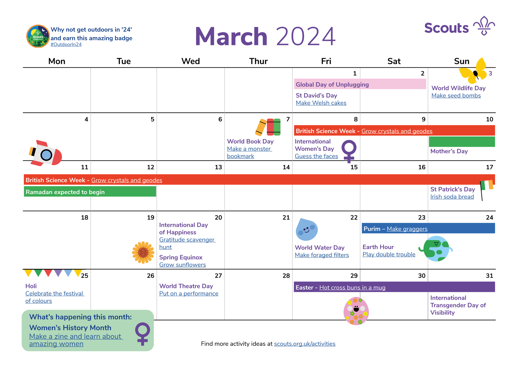 Illustrated calendar for March 2024 in grid format
