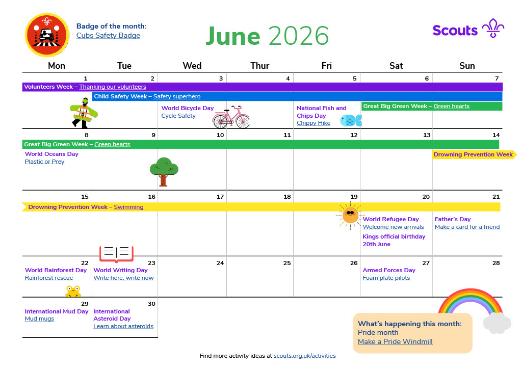 Illustrated calendar for June 2026 in grid format