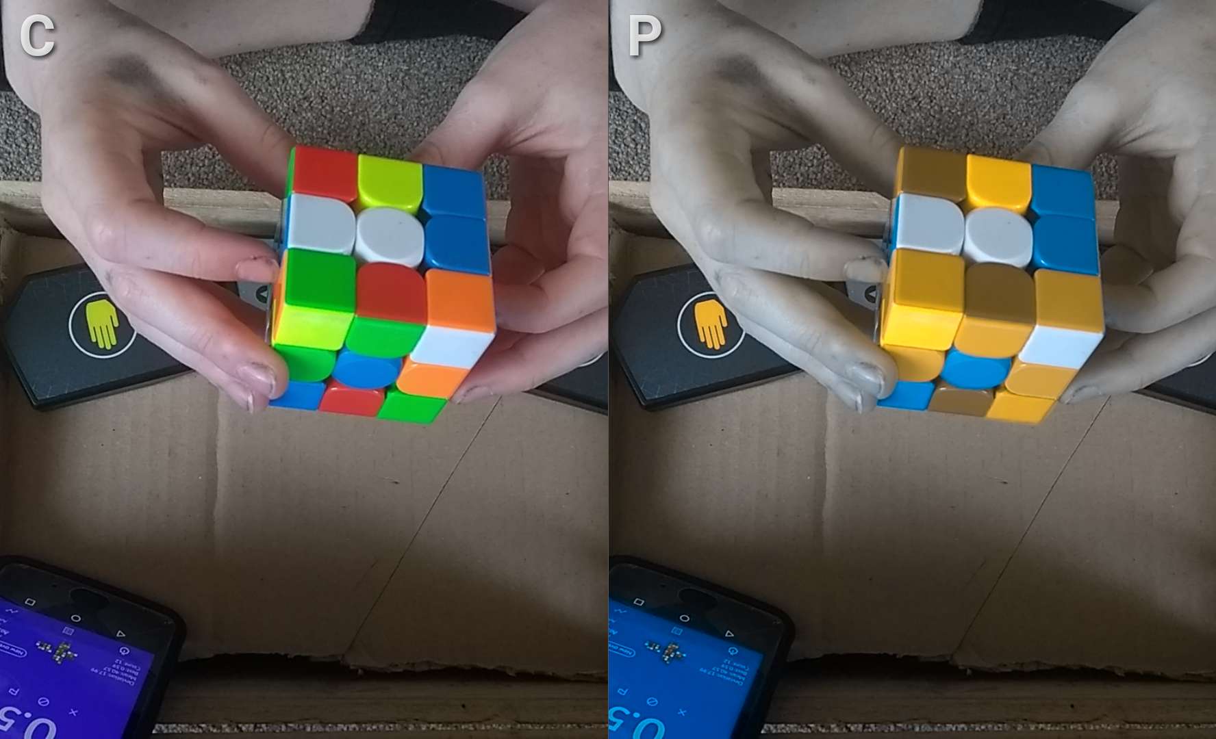 Malachi is holding a coloured cube. On the left shows how someone without colour blindness would see the colours of the cube, and on the right is how someone with colour blindness like Malachi's would see the cube colours.