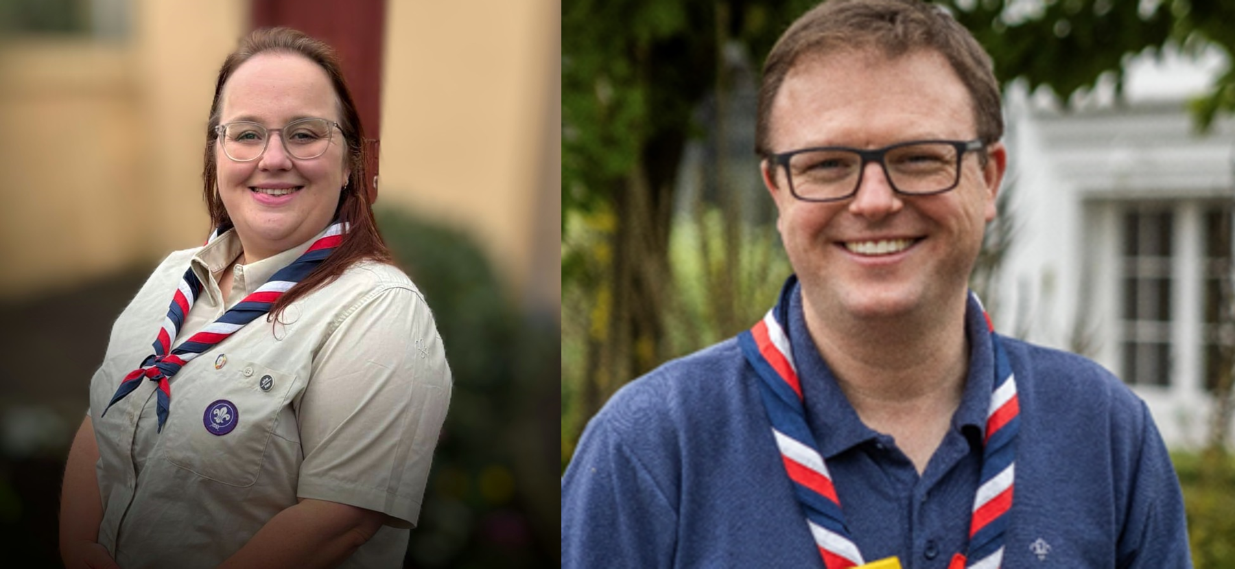 A lady in Scout uniform wearing glasses and a UK necker on the left and a man wearing a navy Scouts polo with a UK necker and glasses on the right