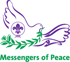 The image shows the Messengers of Peace logo. The text 'Messengers of Peace' appears in green, underneath a purple outline of a dove with it's wings spread out. The dove is carrying green leaves from its mouth and has the Scout logo on the side of it's body. You can see the bird from it's side, and it's facing to the right.