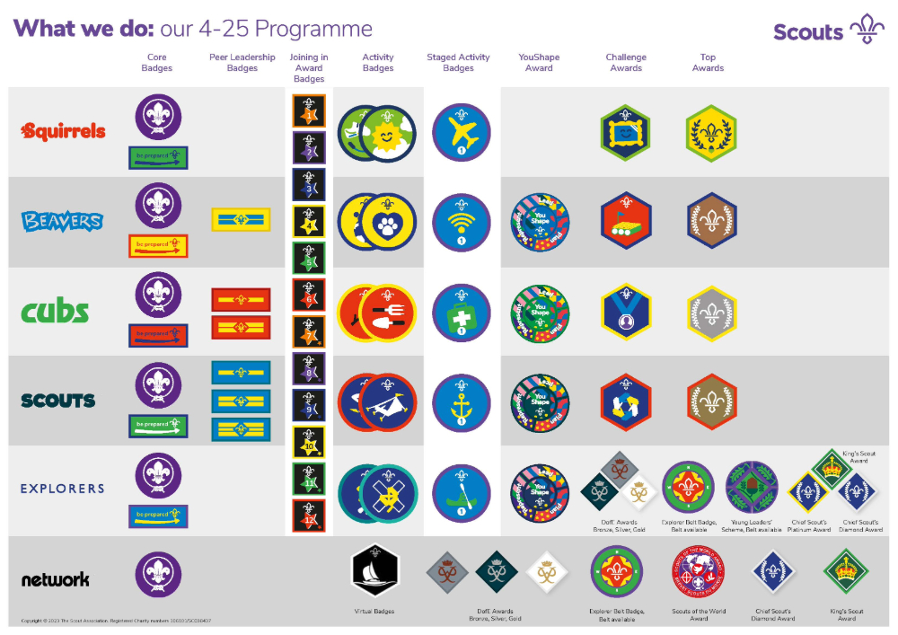 The image shows the 4–25 programme poster. It has a white background and in the top left corner, there's purple text saying 'What we do: our 4–25 Programme'. There's a table underneath with light grey and dark grey boxes. Down the left are the Scout sections, each with a row each, then the columns say 'Core badges,' 'Peer Leadership Badges,' 'Joining in Award Badges,' 'Activity Badges,' 'Staged Activity Badges,' 'YouShape Award,' 'Challenge Awards,' 'Top Awards.' The Scouts logo is in the top right corner.